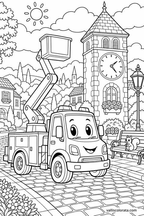 Lift Truck by the Town Clock. A free Kawaii L2 coloring page from the Friendly Machines series, with a detailed scene to color. Download an A4 PDF or branded PNG.
