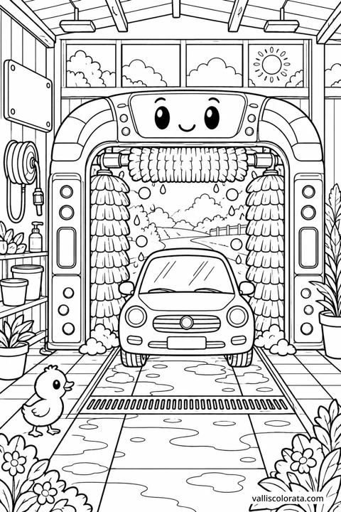 Car Wash Machine in Bubble Bay. A free Kawaii L2 coloring page from the Friendly Machines series, with a detailed scene to color. Download an A4 PDF or branded PNG.