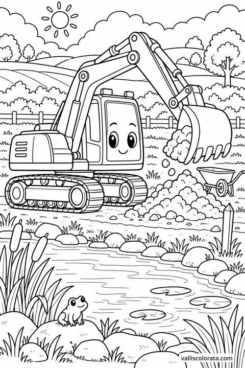 Excavator Digging a Pond. A free Kawaii L2 coloring page from the Friendly Machines series, with a detailed scene to color. Download an A4 PDF or branded PNG.