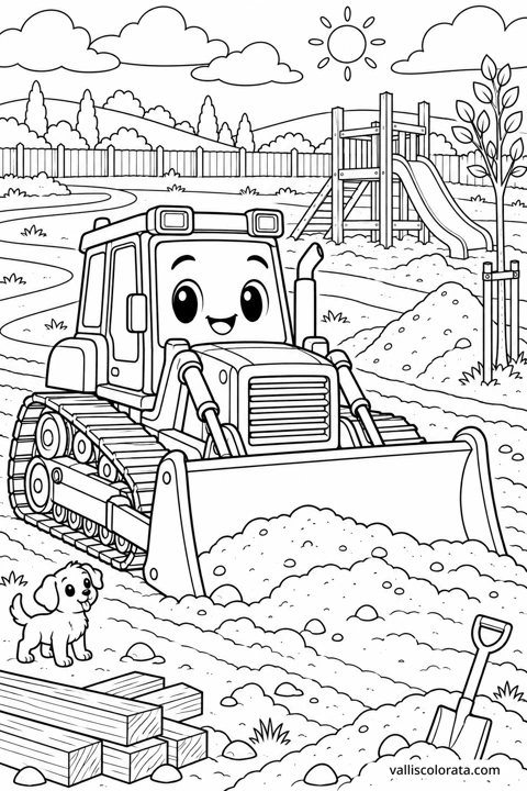 Bulldozer at the New Playground. A free Kawaii L2 coloring page from the Friendly Machines series, with a detailed scene to color. Download an A4 PDF or branded PNG.