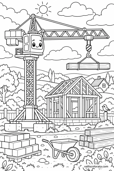 Tower Crane Raising a Roof Beam. A free Kawaii L2 coloring page from the Friendly Machines series, with a detailed scene to color. Download an A4 PDF or branded PNG.
