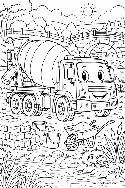 Cement Mixer at the Footbridge. A free Kawaii L2 coloring page from the Friendly Machines series, with a detailed scene to color. Download an A4 PDF or branded PNG.