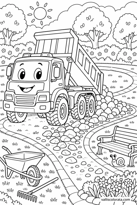Dump Truck Delivering Gravel. A free Kawaii L2 coloring page from the Friendly Machines series, with a detailed scene to color. Download an A4 PDF or branded PNG.