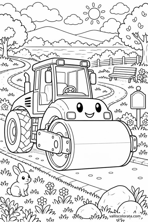 Road Roller on the Cycle Path. A free Kawaii L2 coloring page from the Friendly Machines series, with a detailed scene to color. Download an A4 PDF or branded PNG.