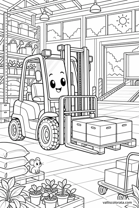 Forklift at the Seed Warehouse. A free Kawaii L2 coloring page from the Friendly Machines series, with a detailed scene to color. Download an A4 PDF or branded PNG.