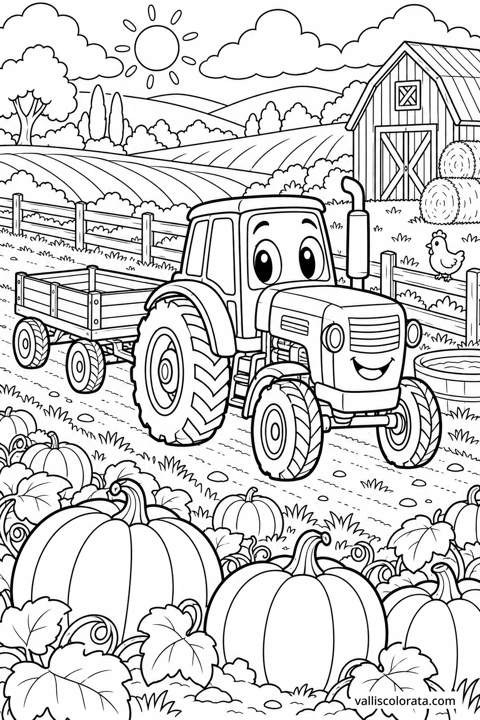 Tractor in the Pumpkin Field. A free Kawaii L2 coloring page from the Friendly Machines series, with a detailed scene to color. Download an A4 PDF or branded PNG.