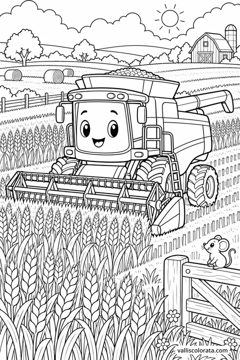 Combine Harvester in the Wheat. A free Kawaii L2 coloring page from the Friendly Machines series, with a detailed scene to color. Download an A4 PDF or branded PNG.