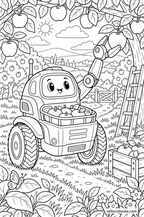 Orchard Robot Picking Apples. A free Kawaii L2 coloring page from the Friendly Machines series, with a detailed scene to color. Download an A4 PDF or branded PNG.