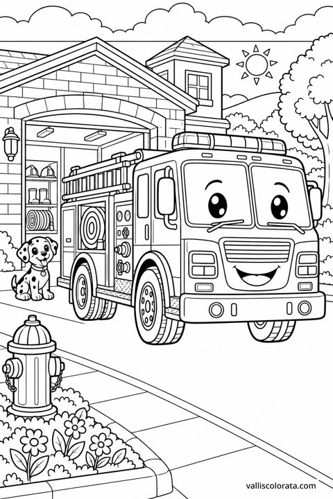 Fire Engine Outside the Station. A free Kawaii L2 coloring page from the Friendly Machines series, with a detailed scene to color. Download an A4 PDF or branded PNG.