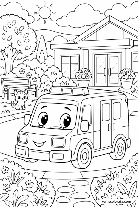Ambulance at the Clinic Garden. A free Kawaii L2 coloring page from the Friendly Machines series, with a detailed scene to color. Download an A4 PDF or branded PNG.