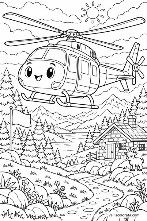 Rescue Helicopter Above the Hill. A free Kawaii L2 coloring page from the Friendly Machines series, with a detailed scene to color. Download an A4 PDF or branded PNG.