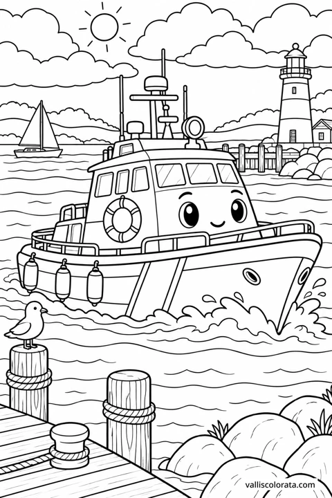 Coastguard Boat in the Harbor. A free Kawaii L2 coloring page from the Friendly Machines series, with a detailed scene to color. Download an A4 PDF or branded PNG.