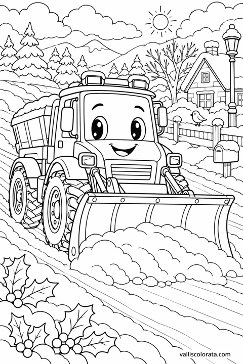 Snowplow Clearing the Village Road. A free Kawaii L2 coloring page from the Friendly Machines series, with a detailed scene to color. Download an A4 PDF or branded PNG.
