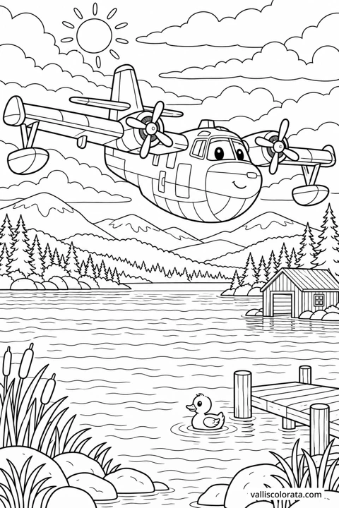 Firefighting Plane Above the Lake. A free Kawaii L2 coloring page from the Friendly Machines series, with a detailed scene to color. Download an A4 PDF or branded PNG.