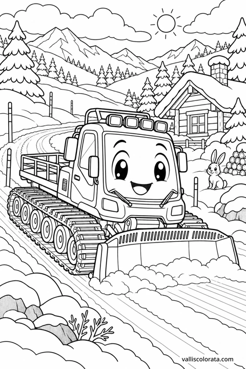 Snowcat by the Mountain Cabin. A free Kawaii L2 coloring page from the Friendly Machines series, with a detailed scene to color. Download an A4 PDF or branded PNG.