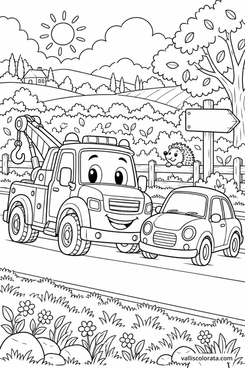Tow Truck on the Country Lane. A free Kawaii L2 coloring page from the Friendly Machines series, with a detailed scene to color. Download an A4 PDF or branded PNG.