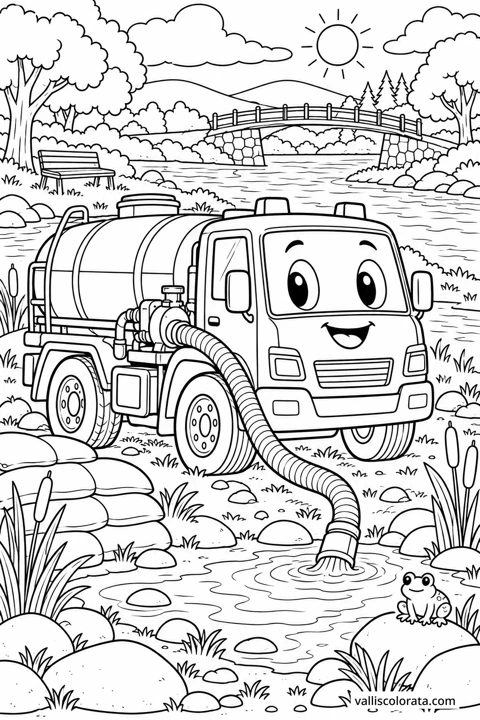 Pump Truck at the Riverside. A free Kawaii L2 coloring page from the Friendly Machines series, with a detailed scene to color. Download an A4 PDF or branded PNG.