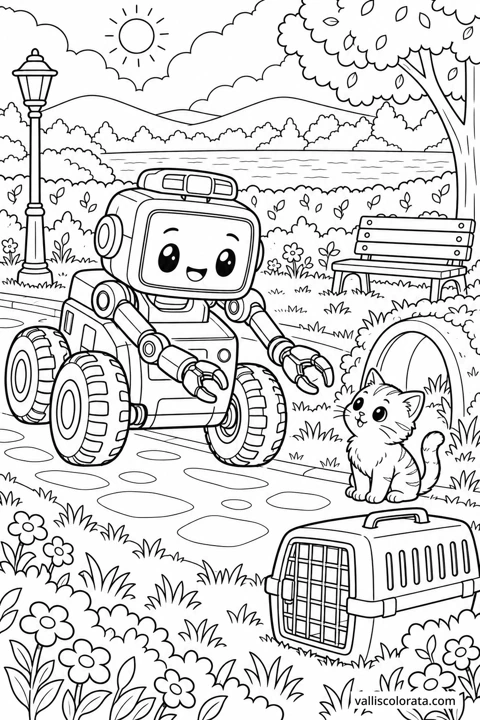Rescue Robot Finding a Kitten. A free Kawaii L2 coloring page from the Friendly Machines series, with a detailed scene to color. Download an A4 PDF or branded PNG.