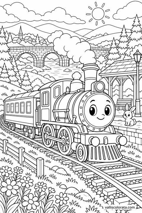Steam Train Through the Valley. A free Kawaii L2 coloring page from the Friendly Machines series, with a detailed scene to color. Download an A4 PDF or branded PNG.