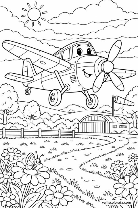 Propeller Plane Over the Meadow. A free Kawaii L2 coloring page from the Friendly Machines series, with a detailed scene to color. Download an A4 PDF or branded PNG.