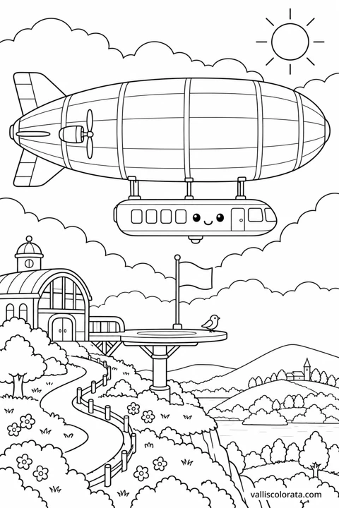 Airship at the Cloud Port. A free Kawaii L2 coloring page from the Friendly Machines series, with a detailed scene to color. Download an A4 PDF or branded PNG.