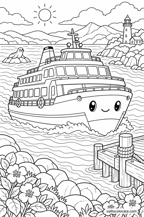 Ferry Reaching the Island Pier. A free Kawaii L2 coloring page from the Friendly Machines series, with a detailed scene to color. Download an A4 PDF or branded PNG.
