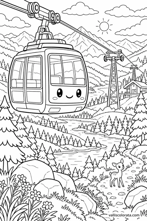 Cable Car Above Pine Valley. A free Kawaii L2 coloring page from the Friendly Machines series, with a detailed scene to color. Download an A4 PDF or branded PNG.