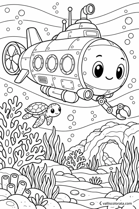Research Submarine at the Reef. A free Kawaii L2 coloring page from the Friendly Machines series, with a detailed scene to color. Download an A4 PDF or branded PNG.