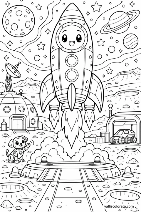 Rocket Leaving the Moon Base. A free Kawaii L2 coloring page from the Friendly Machines series, with a detailed scene to color. Download an A4 PDF or branded PNG.
