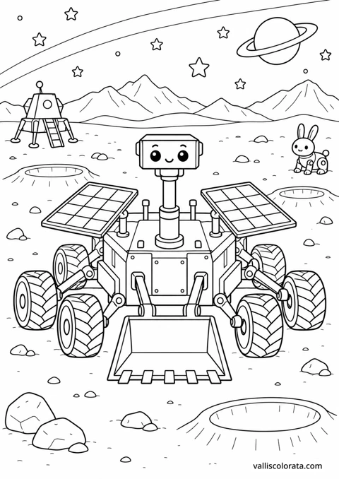 Bojanka: Mjesečevo vozilo na stazi među kraterima. Besplatna Kawaii bojanka razine L2 iz kolekcije Prijateljski strojevi. Preuzmite A4 PDF ili PNG s oznakom Vallis Colorata.