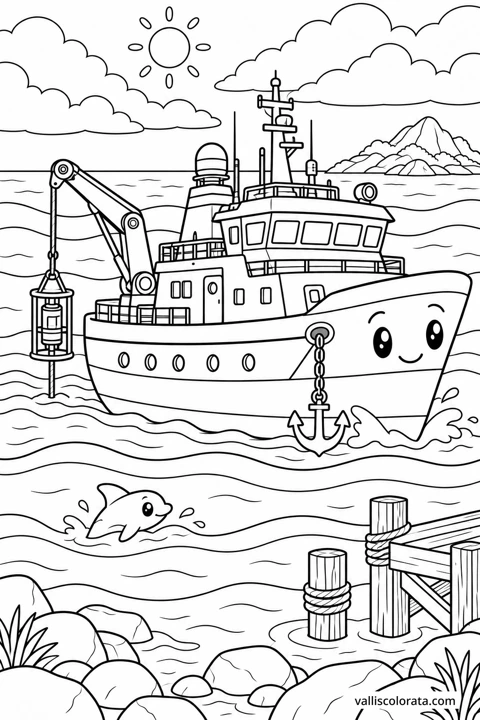 Explorer Ship Above the Deep Sea. A free Kawaii L2 coloring page from the Friendly Machines series, with a detailed scene to color. Download an A4 PDF or branded PNG.