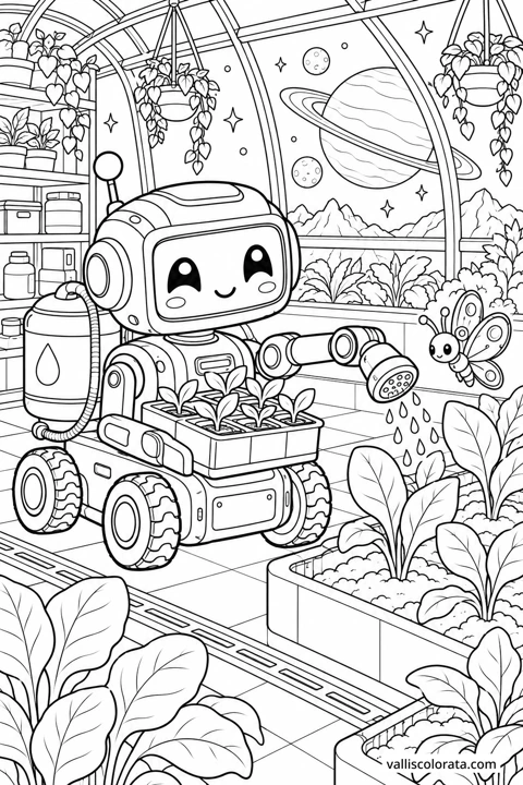 Garden Robot in the Space Greenhouse. A free Kawaii L2 coloring page from the Friendly Machines series, with a detailed scene to color. Download an A4 PDF or branded PNG.