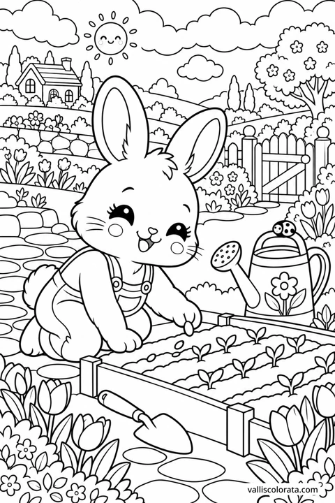 Rabbit at the Seed Bed. A free Kawaii L2 coloring page from the Garden Neighbors series, with a detailed scene to color. Download an A4 PDF or branded PNG.