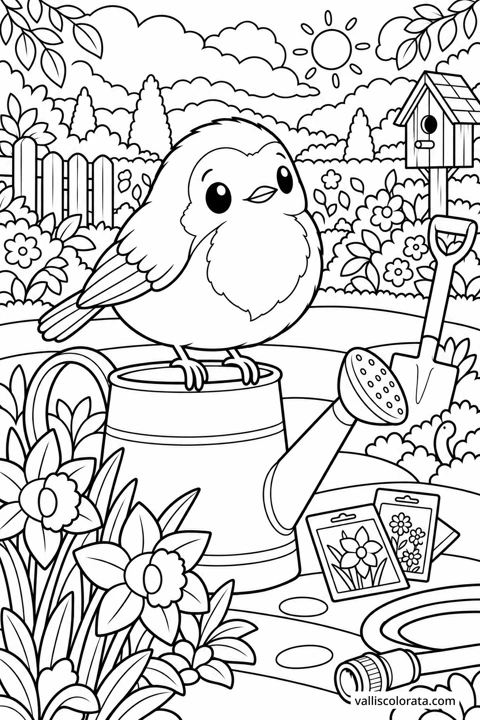 Robin on the Watering Can. A free Kawaii L2 coloring page from the Garden Neighbors series, with a detailed scene to color. Download an A4 PDF or branded PNG.