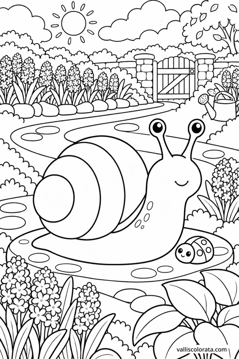 Snail on a Stepping Stone. A free Kawaii L2 coloring page from the Garden Neighbors series, with a detailed scene to color. Download an A4 PDF or branded PNG.