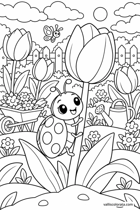 Ladybird on a Tulip. A free Kawaii L2 coloring page from the Garden Neighbors series, with a detailed scene to color. Download an A4 PDF or branded PNG.