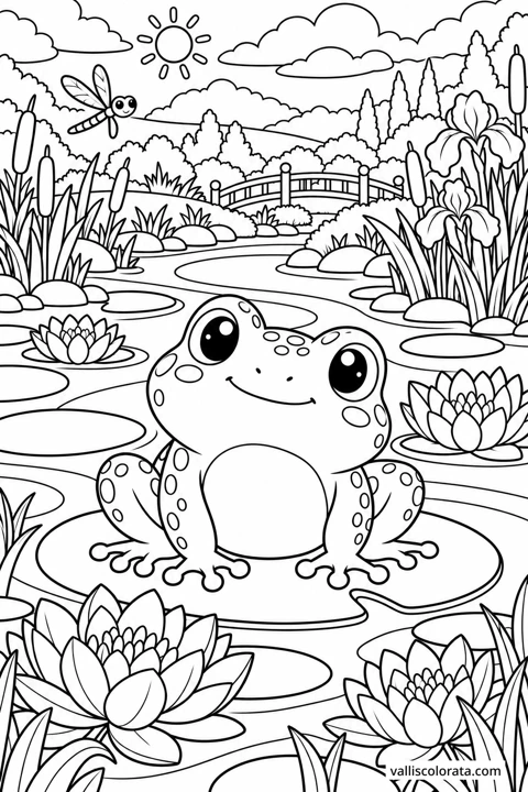 Frog at the Lily Pond. A free Kawaii L2 coloring page from the Garden Neighbors series, with a detailed scene to color. Download an A4 PDF or branded PNG.