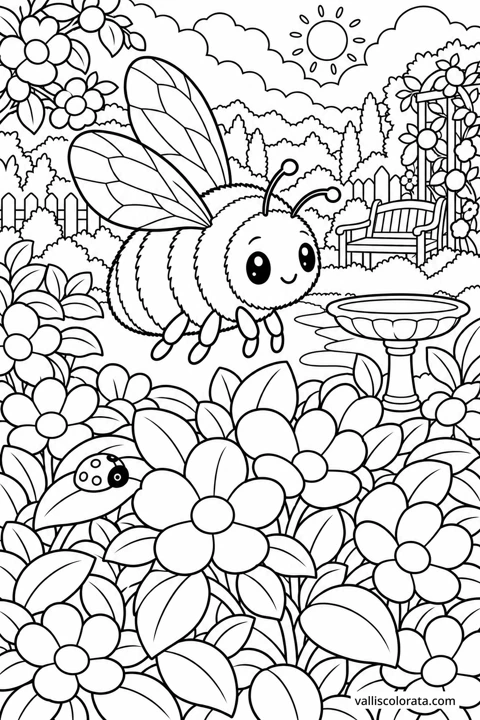 Bumblebee Among Blossoms. A free Kawaii L2 coloring page from the Garden Neighbors series, with a detailed scene to color. Download an A4 PDF or branded PNG.