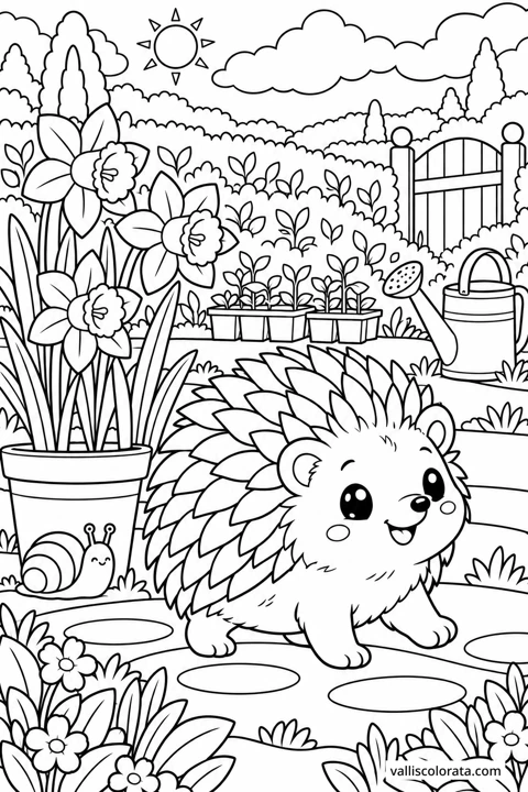 Hedgehog Under Daffodils. A free Kawaii L2 coloring page from the Garden Neighbors series, with a detailed scene to color. Download an A4 PDF or branded PNG.