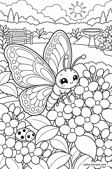 Butterfly at the Lilac Bush. A free Kawaii L2 coloring page from the Garden Neighbors series, with a detailed scene to color. Download an A4 PDF or branded PNG.