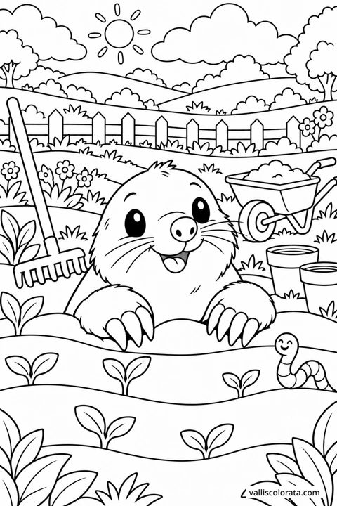 Mole Beside the Seed Bed. A free Kawaii L2 coloring page from the Garden Neighbors series, with a detailed scene to color. Download an A4 PDF or branded PNG.