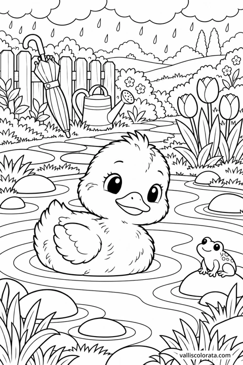 Duckling in a Spring Puddle. A free Kawaii L2 coloring page from the Garden Neighbors series, with a detailed scene to color. Download an A4 PDF or branded PNG.