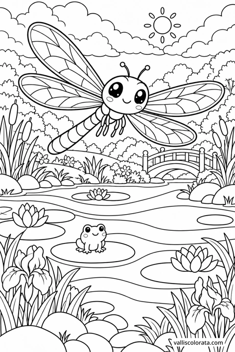 Dragonfly Above the Reed Pond. A free Kawaii L2 coloring page from the Garden Neighbors series, with a detailed scene to color. Download an A4 PDF or branded PNG.