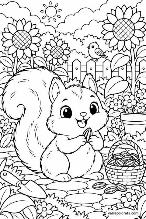 Squirrel by the Sunflowers. A free Kawaii L2 coloring page from the Garden Neighbors series, with a detailed scene to color. Download an A4 PDF or branded PNG.
