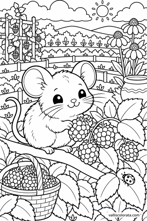 Field Mouse at the Berry Bush. A free Kawaii L2 coloring page from the Garden Neighbors series, with a detailed scene to color. Download an A4 PDF or branded PNG.