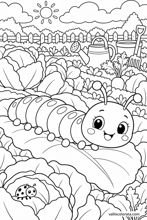 Caterpillar on a Cabbage Leaf. A free Kawaii L2 coloring page from the Garden Neighbors series, with a detailed scene to color. Download an A4 PDF or branded PNG.