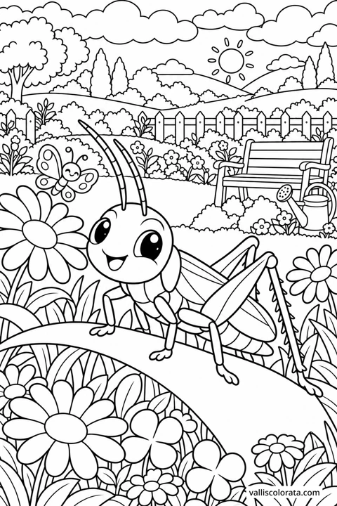Grasshopper in the Garden Meadow. A free Kawaii L2 coloring page from the Garden Neighbors series, with a detailed scene to color. Download an A4 PDF or branded PNG.