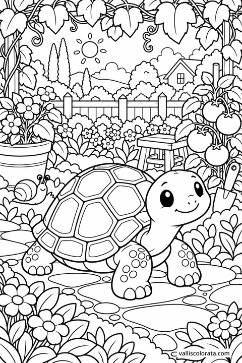 Tortoise Under Leaf Shade. A free Kawaii L2 coloring page from the Garden Neighbors series, with a detailed scene to color. Download an A4 PDF or branded PNG.