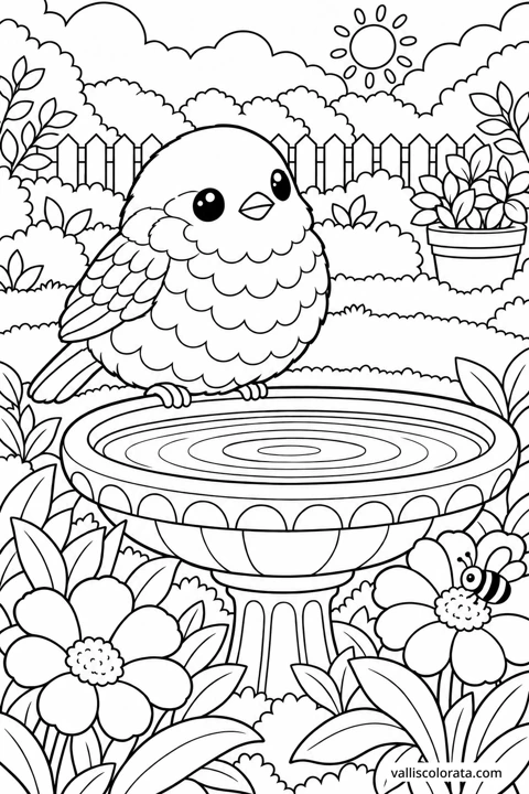 Sparrow at the Birdbath. A free Kawaii L2 coloring page from the Garden Neighbors series, with a detailed scene to color. Download an A4 PDF or branded PNG.