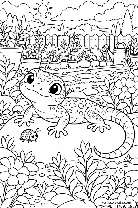 Lizard on a Warm Garden Rock. A free Kawaii L2 coloring page from the Garden Neighbors series, with a detailed scene to color. Download an A4 PDF or branded PNG.